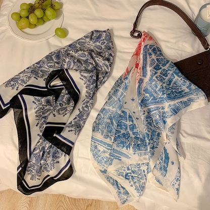 Retro Head Neck Silk Scarf Women Luxury Print Small Scarves Female Flower Stripe Wave Point Headscarf Beach Sunscreen Scarf