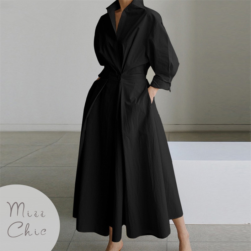 S-5XL Korean Fashion Long Sleeve Shirt Dress Chic Turndown Neck Ruched Maxi Dress Women 2022 Autumn Winter Clothes Streetwear