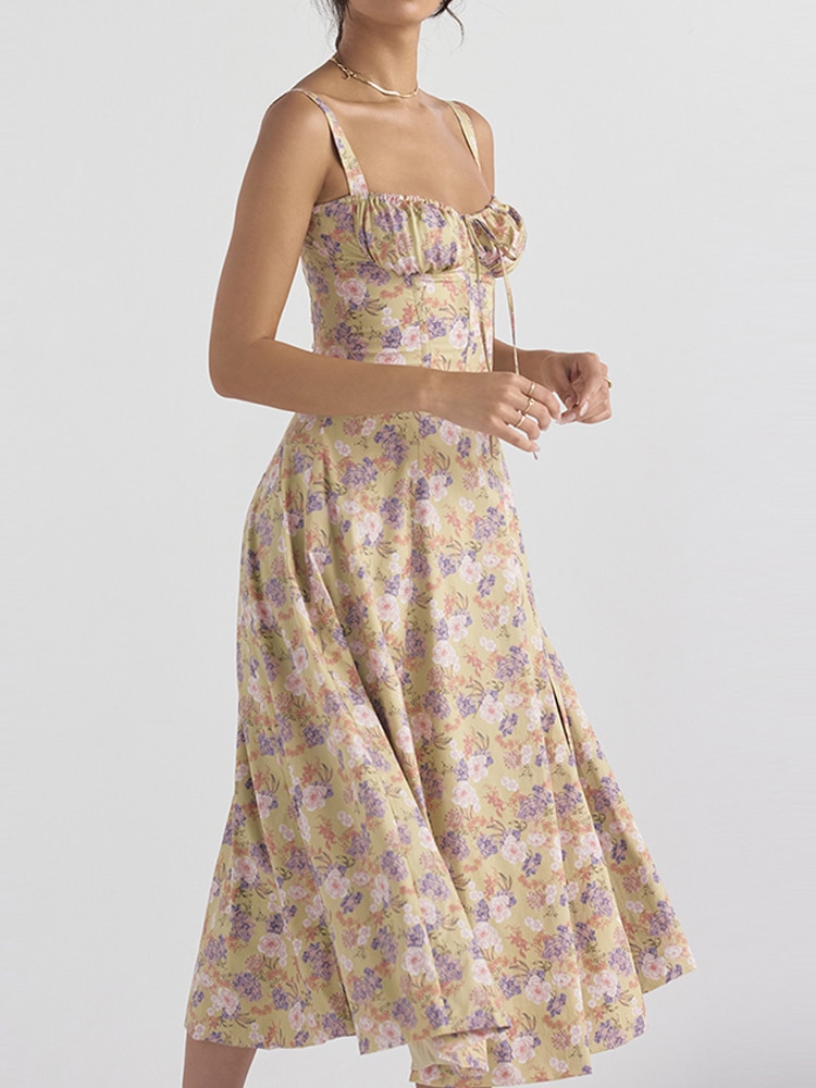 Floral Printed Women Dress 2023 Summer Elegant Solid Slim Sleeveless Slip Female Side Split Waist Lady A-line Robe