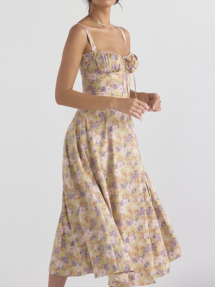 Floral Printed Women Dress 2023 Summer Elegant Solid Slim Sleeveless Slip Female Side Split Waist Lady A-line Robe