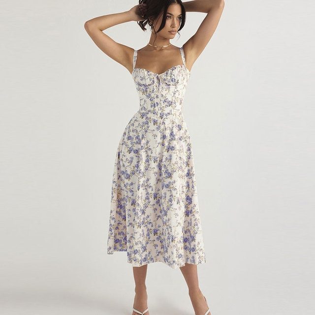 Floral Printed Women Dress 2023 Summer Elegant Solid Slim Sleeveless Slip Female Side Split Waist Lady A-line Robe