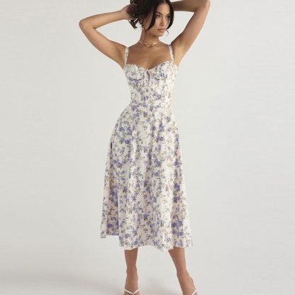Floral Printed Women Dress 2023 Summer Elegant Solid Slim Sleeveless Slip Female Side Split Waist Lady A-line Robe
