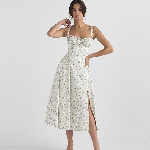 Floral Printed Women Dress 2023 Summer Elegant Solid Slim Sleeveless Slip Female Side Split Waist Lady A-line Robe