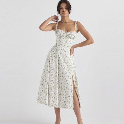 Floral Printed Women Dress 2023 Summer Elegant Solid Slim Sleeveless Slip Female Side Split Waist Lady A-line Robe