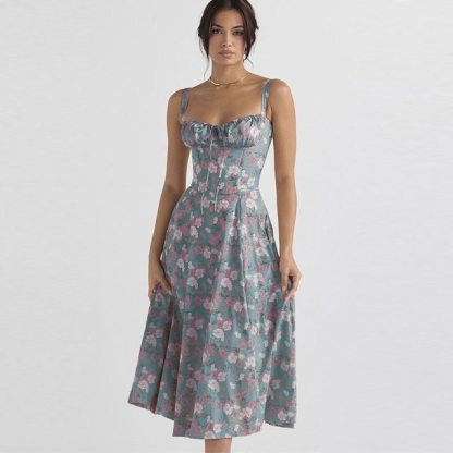 Floral Printed Women Dress 2023 Summer Elegant Solid Slim Sleeveless Slip Female Side Split Waist Lady A-line Robe