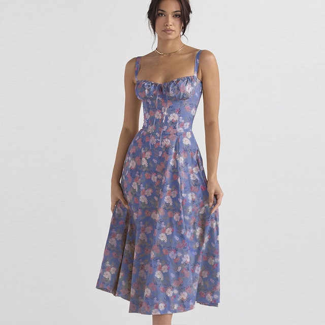 Floral Printed Women Dress 2023 Summer Elegant Solid Slim Sleeveless Slip Female Side Split Waist Lady A-line Robe