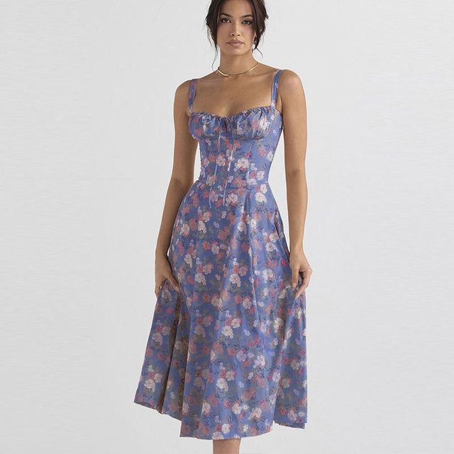 Floral Printed Women Dress 2023 Summer Elegant Solid Slim Sleeveless Slip Female Side Split Waist Lady A-line Robe
