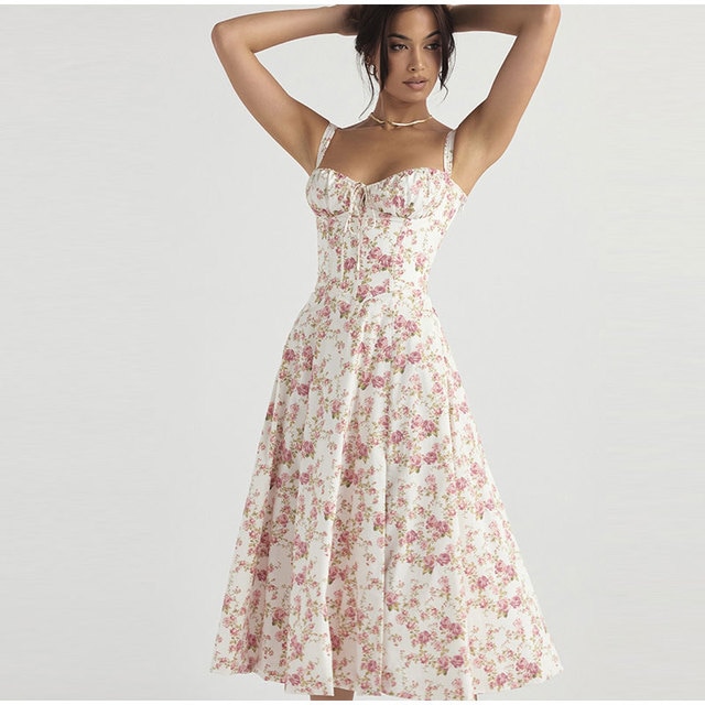 Floral Printed Women Dress 2023 Summer Elegant Solid Slim Sleeveless Slip Female Side Split Waist Lady A-line Robe