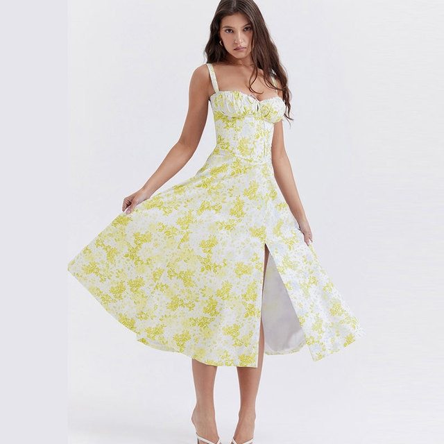 Floral Printed Women Dress 2023 Summer Elegant Solid Slim Sleeveless Slip Female Side Split Waist Lady A-line Robe