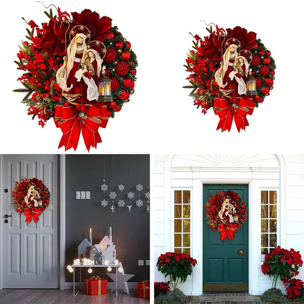 Nativity Wreath Christmas Wall Decor Holy Family Red Tree Wreath for Front Door Door Home