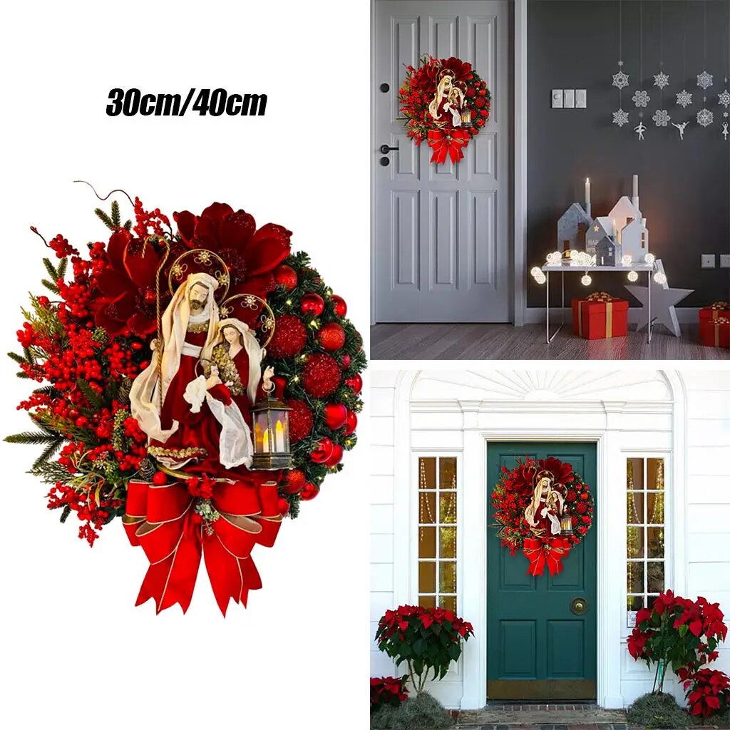 Nativity Wreath Christmas Wall Decor Holy Family Red Tree Wreath for Front Door Door Home