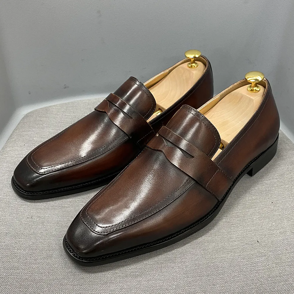 Classic Mens Penny Loafers Genuine Cow Leather Dress Shoes Brown Handm