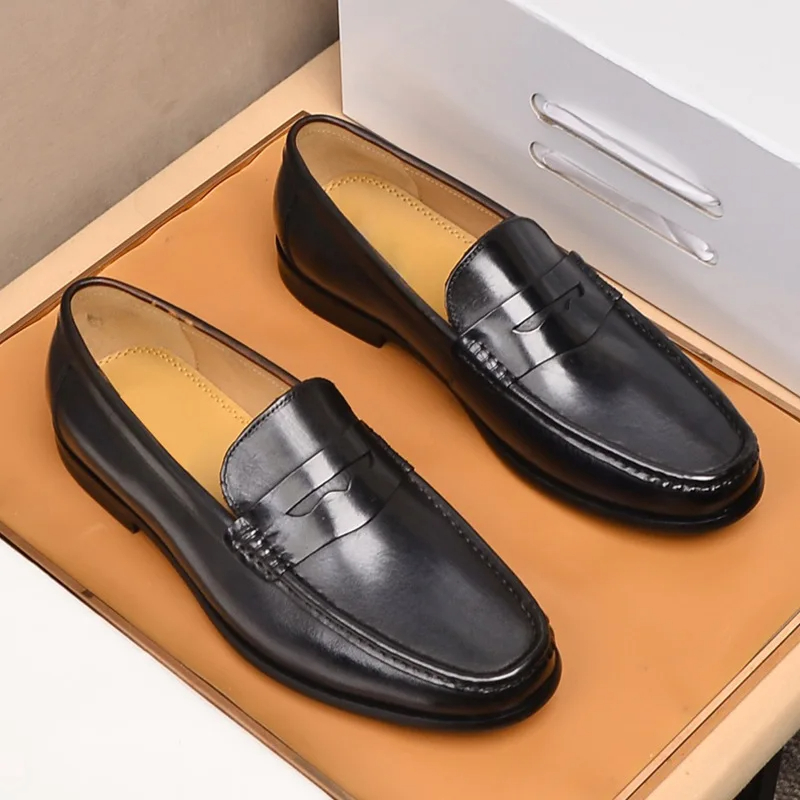 Luxury Men Penny Loafers Genuine Leather Slip On Black Casual Business Dress Shoes Mens Wedding 0887