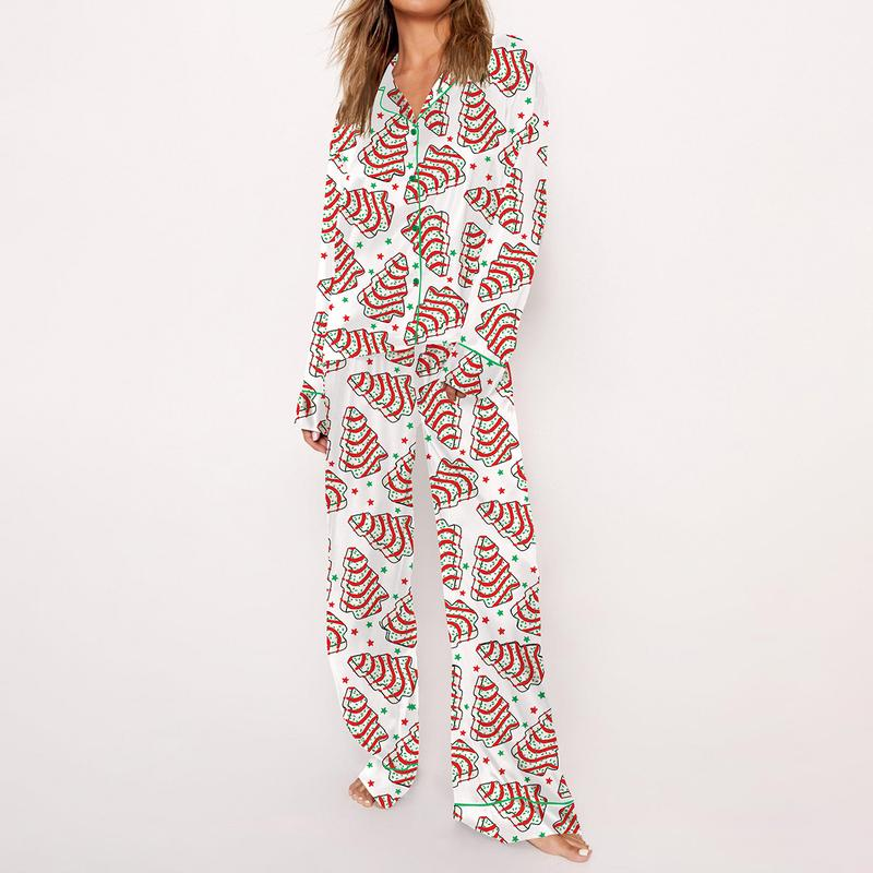 Christmas Tree Cakes Pajama Set For Women Print Comfy Satin Sleepwear & Loungewear Pjs Printing Silky Set - Bottoms Without Pockets 