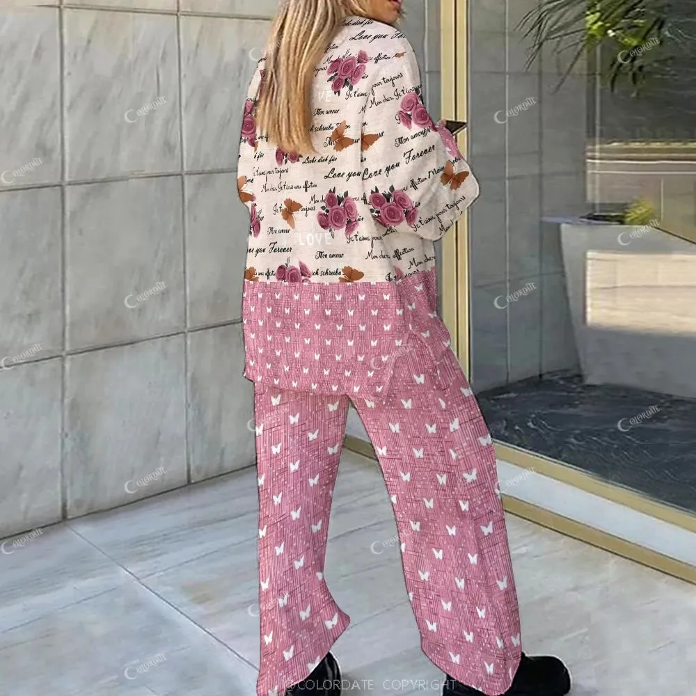 Retro Flower Love Letter Butterfly Color Block Loungewear Set For Women