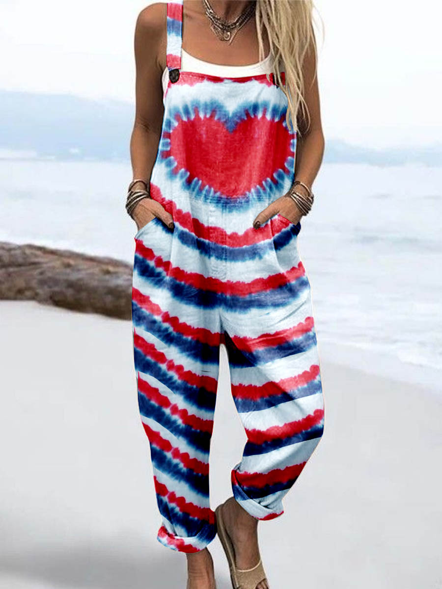Wome'S Independence Day Heart Tie-Dye Pattern Print Casual Cotton Wide Leg Jumpsuit