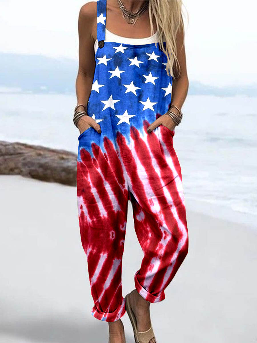 Wome'S American Flag Tie Dye Print Casual Cotton Wide Leg Jumpsuit