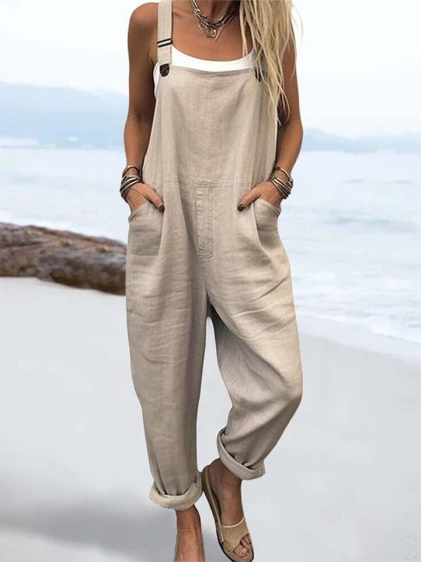 Wome's Vacation Retro  Casual Cotton Linen Wide Leg Jumpsuit
