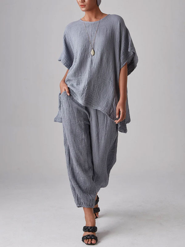 Retro Casual Irregular Hem Cotton And Linen Two-Piece Women'S Suit