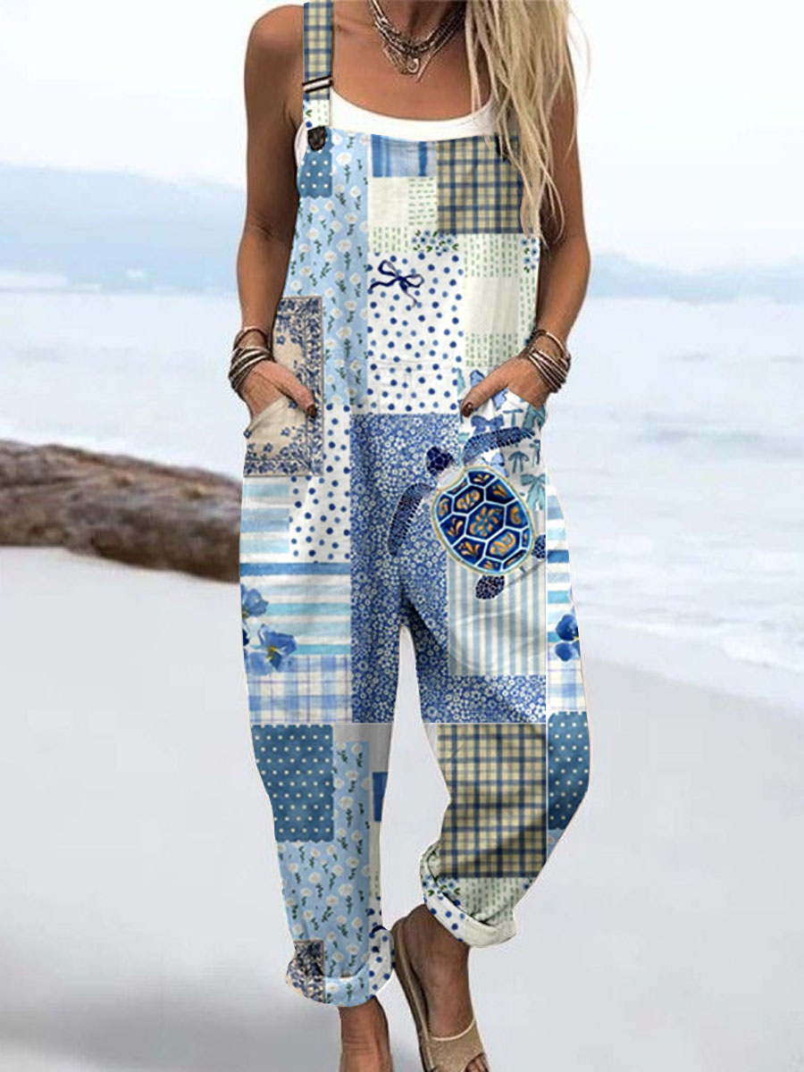 Wome's Vacation Retro Marine Geometric Pattern Print Casual Cotton Wide Leg Jumpsuit