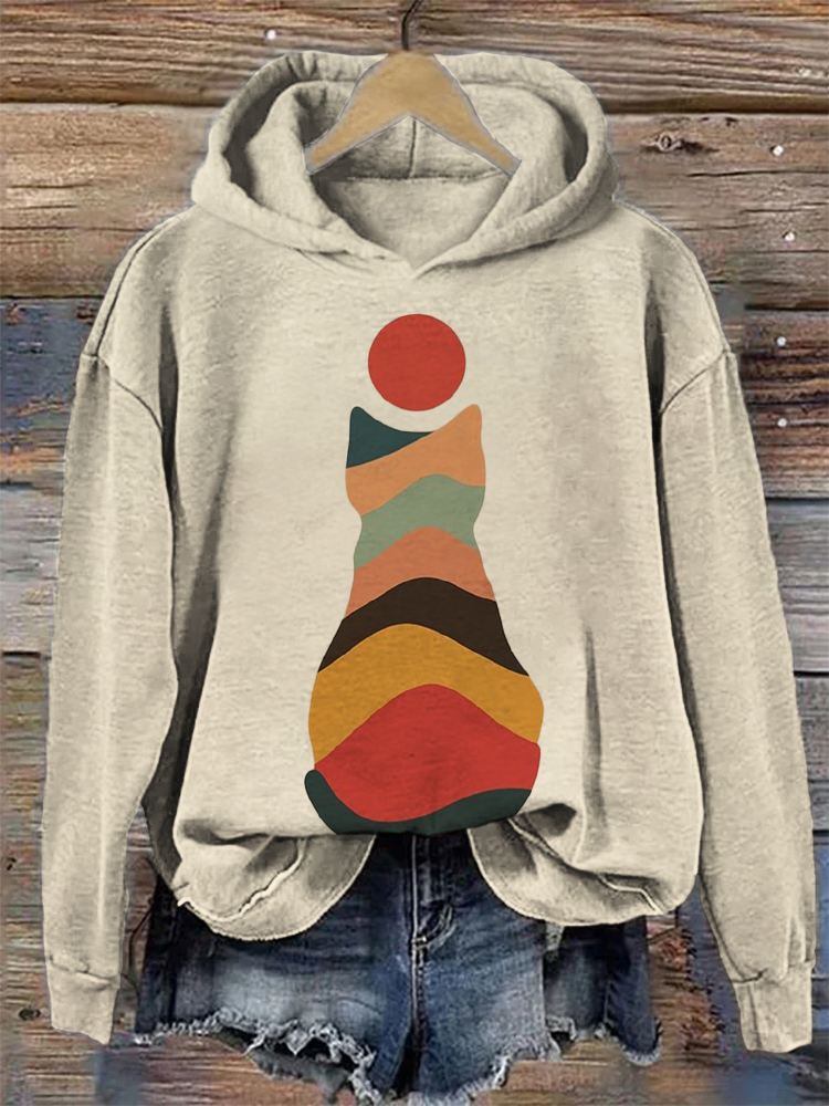Landscape Inspired Colorblock Cat Art Cozy Hoodie