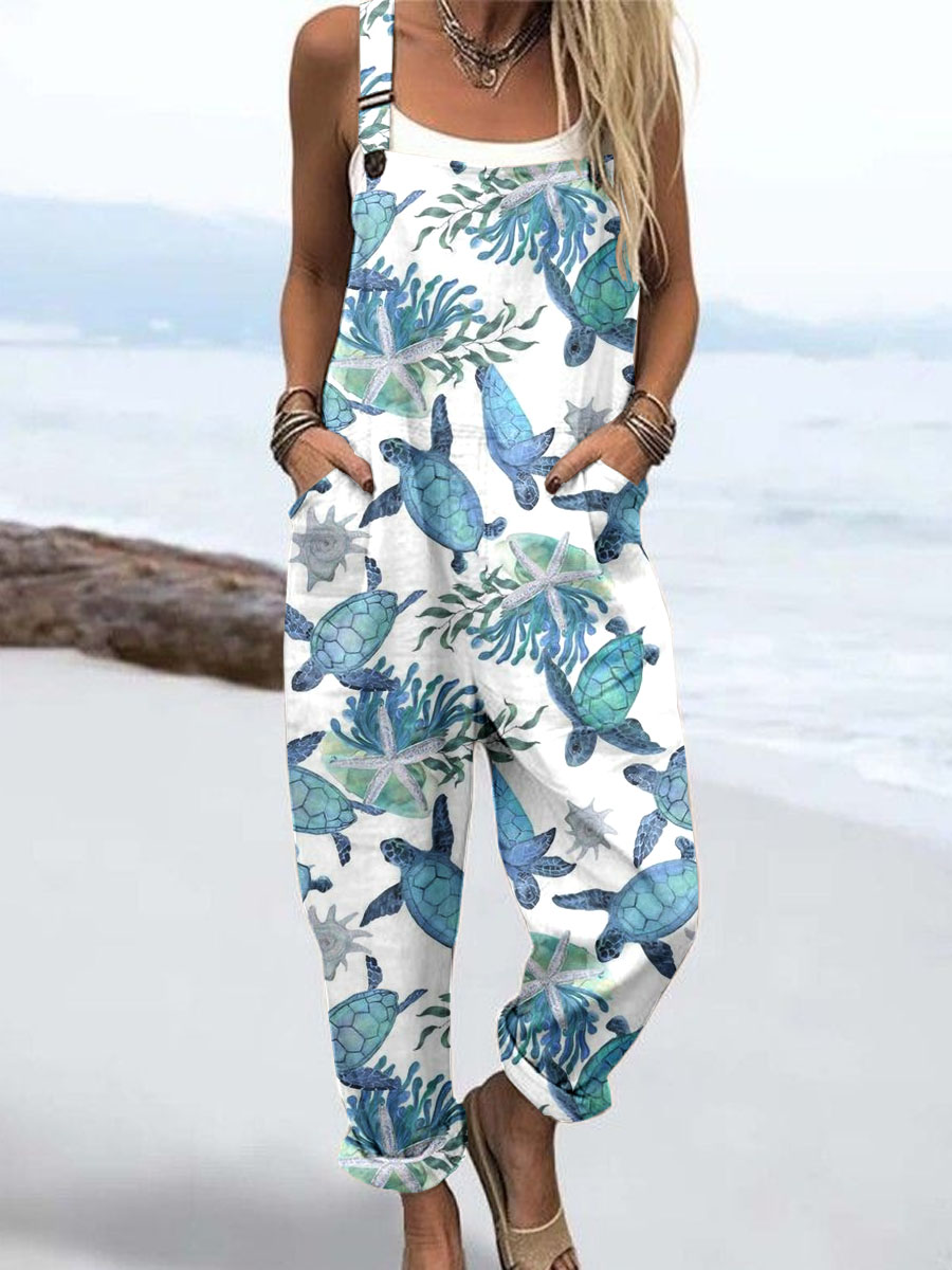 Wome's Holiday Style Turtle Pattern Print Casual Cotton Wide Leg Jumpsuit