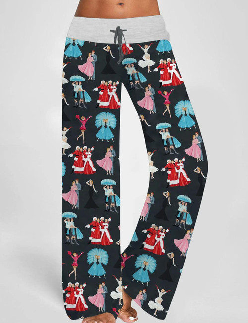 White Christmas Wide Leg Drawstring Waistband Pants For Women
