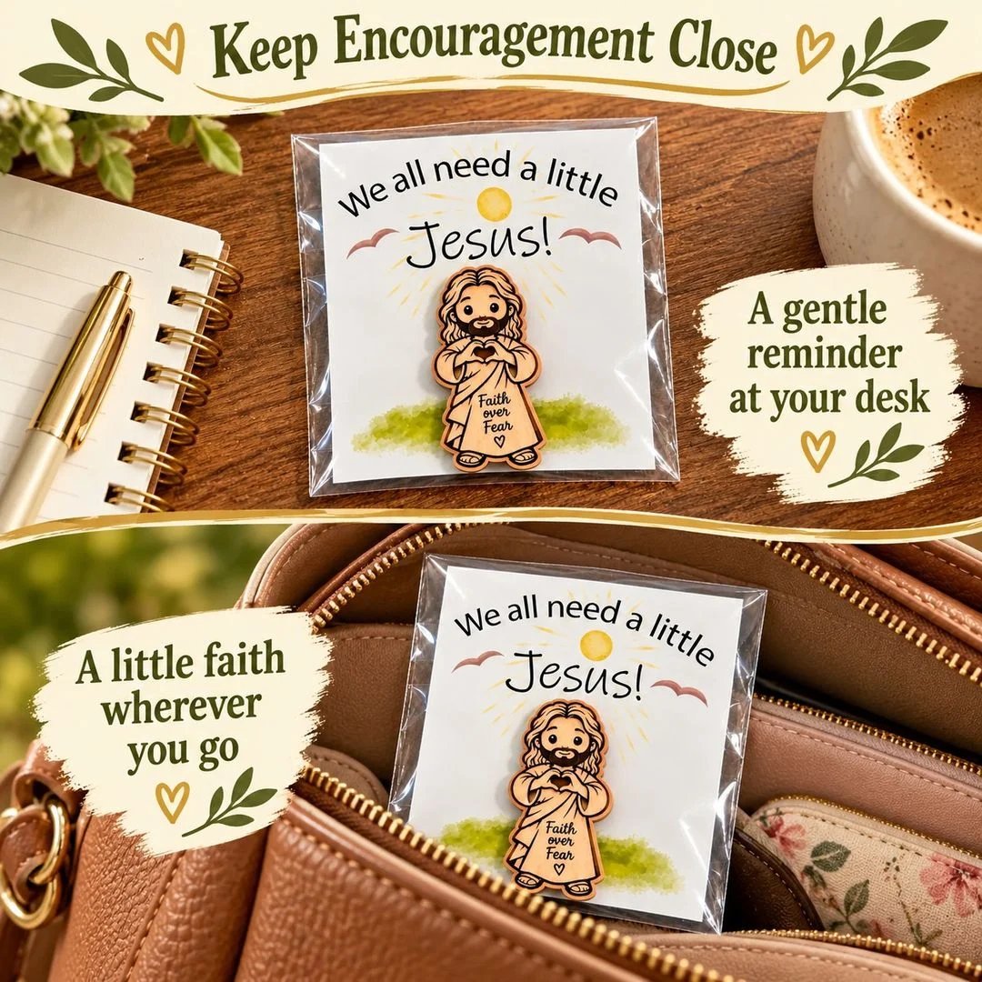 Faith Over Fear pocket card lying on a desk and tucked into a purse