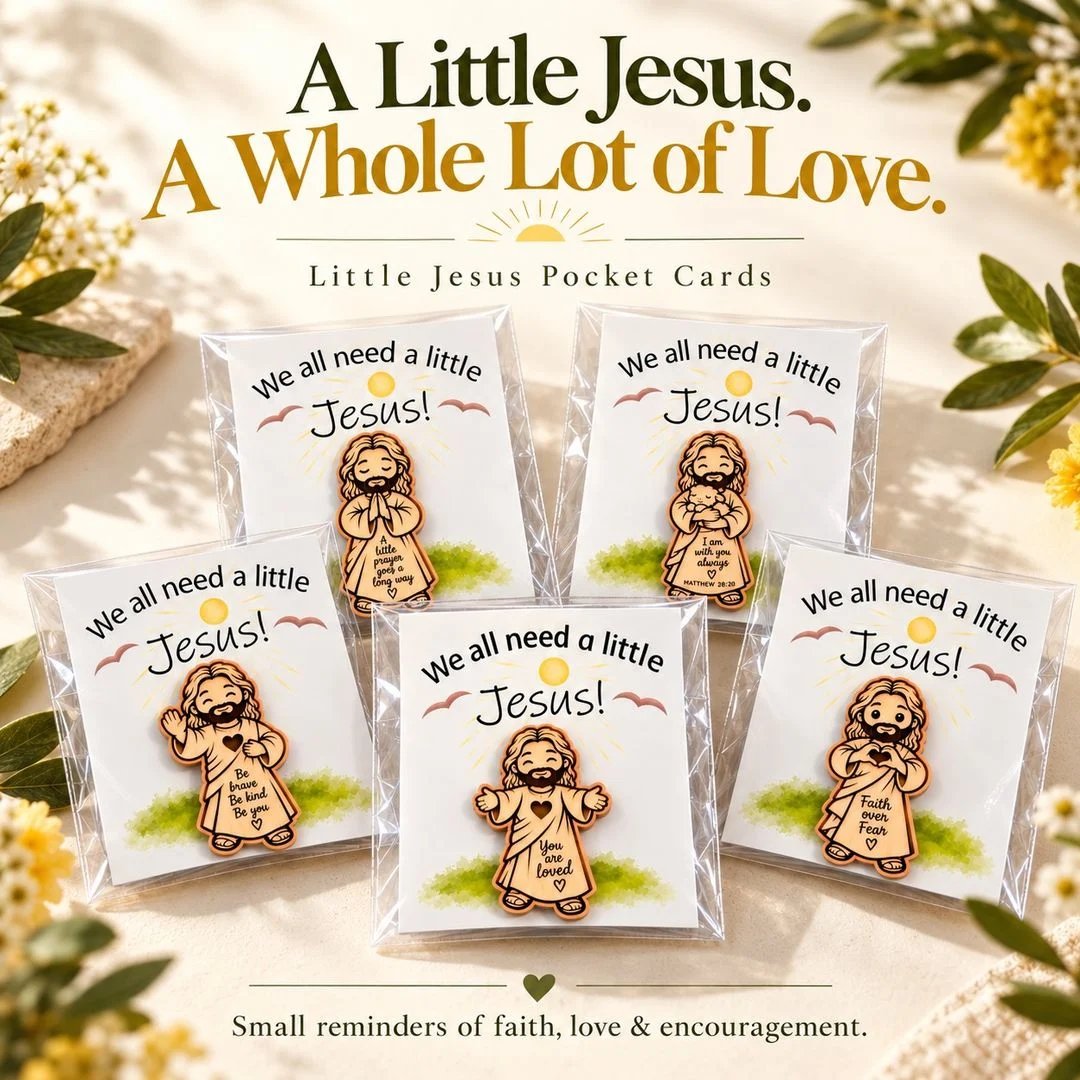 Five Little Jesus Pocket Card designs with illustrated backing cards and individual clear sleeves