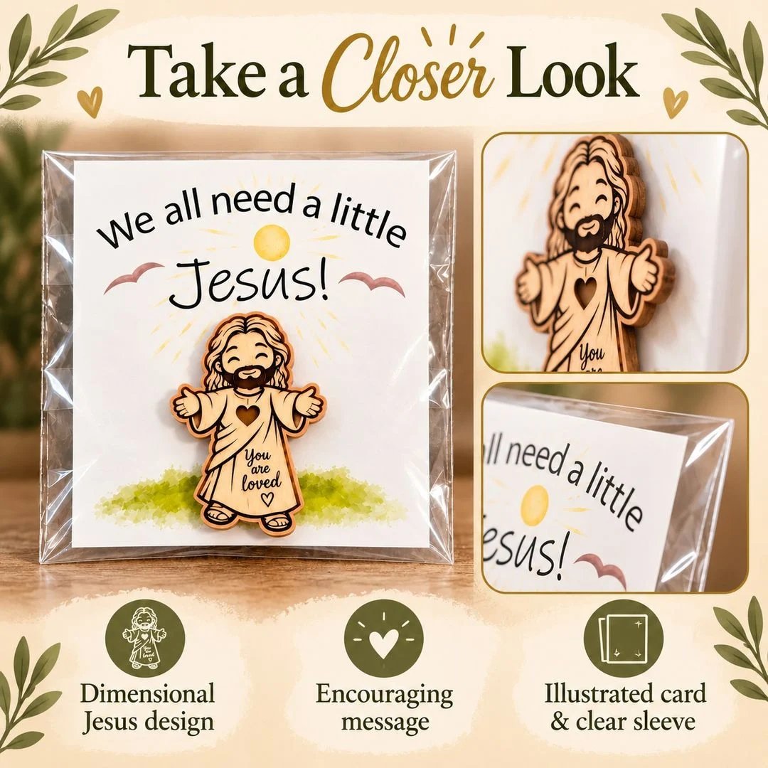Close view of the You Are Loved Jesus design, illustrated card and clear sleeve