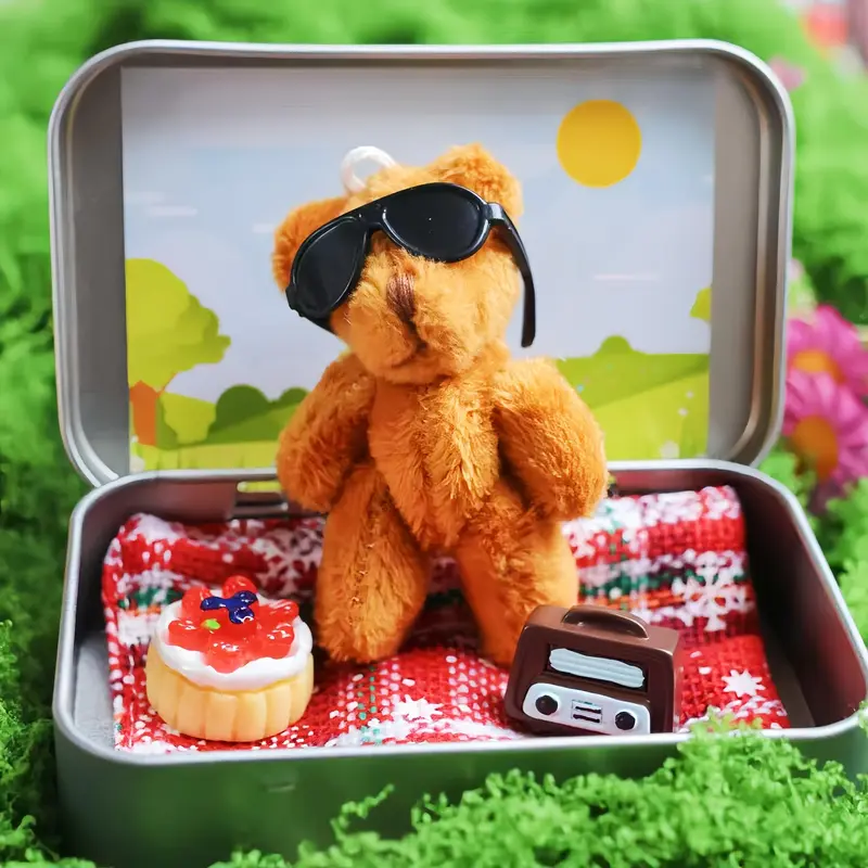 Teddy Bear in Pocket Tin, 1 Count Cute Bear Doll, Picnic Gift, Mini Plush Toy for Birthday Gift, Party Favors, Soft Stuffed Animals Funny Gift, Snuggle Bear