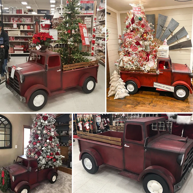 Iron Christmas Old Style Truck with Tree in Glossy Red