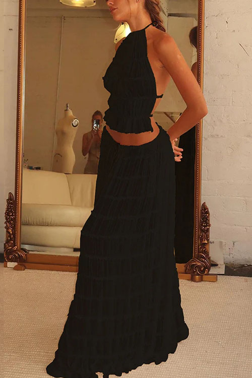 Nonnadress Backless Lace Up Hanging Neck Top Set Wooden Ear Chiffon Pleated Long Skirt Two-piece Set