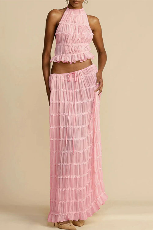 Nonnadress Backless Lace Up Hanging Neck Top Set Wooden Ear Chiffon Pleated Long Skirt Two-piece Set