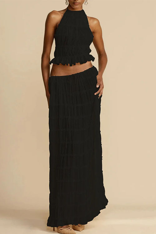 Nonnadress Backless Lace Up Hanging Neck Top Set Wooden Ear Chiffon Pleated Long Skirt Two-piece Set