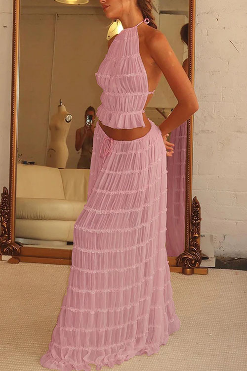 Nonnadress Backless Lace Up Hanging Neck Top Set Wooden Ear Chiffon Pleated Long Skirt Two-piece Set