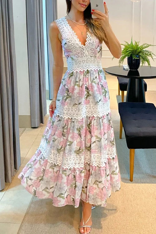 Kathiadress Elegant lace trimmed floral print dress