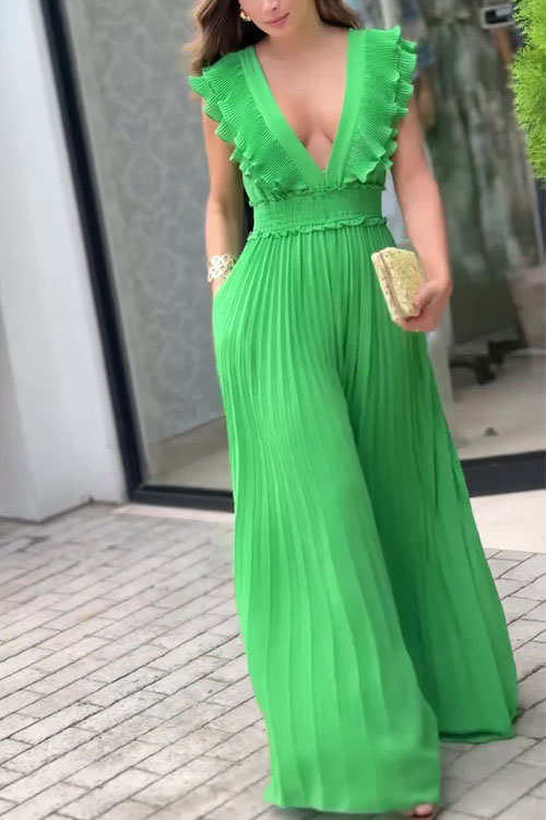 Nonnadress Lace deep V green wide-leg jumpsuit