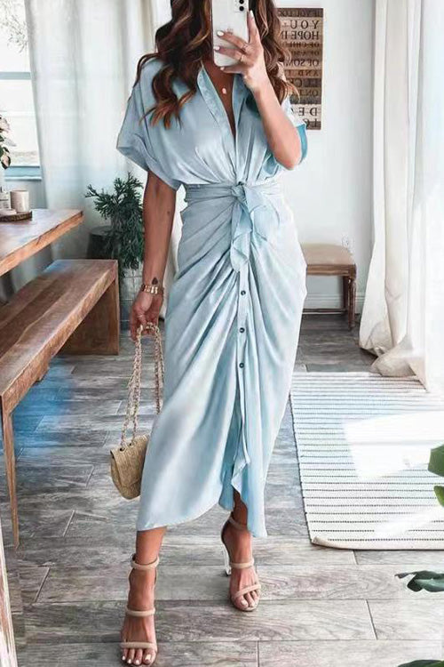 Nonnadress Fashion Chic Short Sleeve Lace Up Buttons Slim Dress