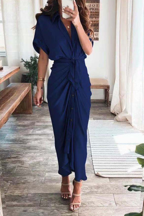 Nonnadress Fashion Chic Short Sleeve Lace Up Buttons Slim Dress