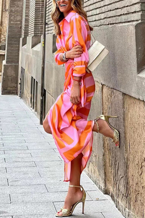 Kathiadress Fashion Stripe Lapel Three-quarter Sleeve Lace Up Dress