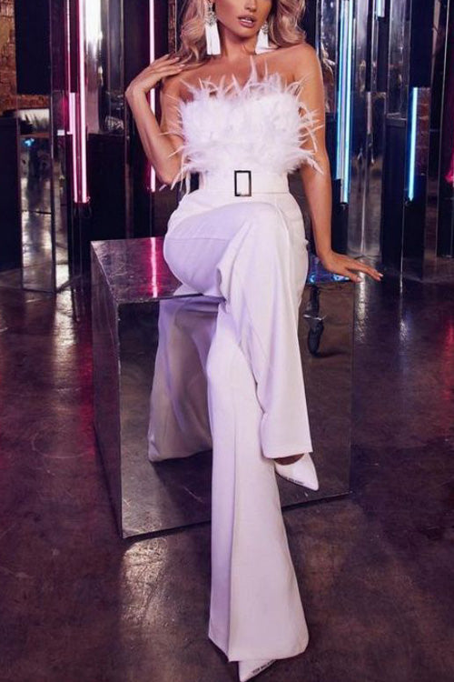 Nonnadress Fashion Feather Sexy Off Shoulder Sleeveless Slim Jumpsuit