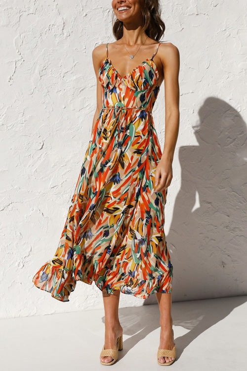 Kathiadress Fashion Printed V Neck Sling Sleeveless Slim Dress