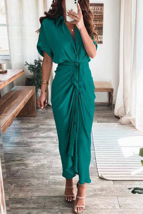 Nonnadress Fashion Chic Short Sleeve Lace Up Buttons Slim Dress