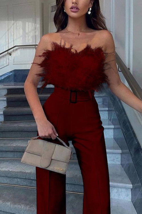 Nonnadress Fashion Feather Sexy Off Shoulder Sleeveless Slim Jumpsuit