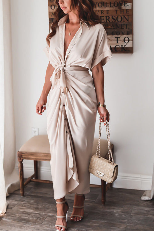 Nonnadress Fashion Chic Short Sleeve Lace Up Buttons Slim Dress