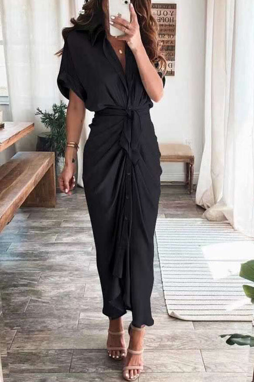 Nonnadress Fashion Chic Short Sleeve Lace Up Buttons Slim Dress