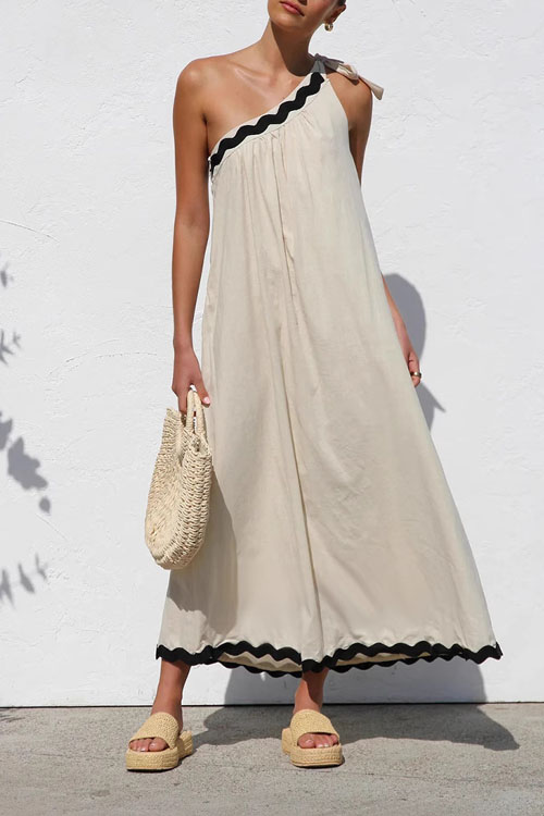 Nonnadress One-Shoulder Tie-Back Lace Trimmed Vacation Style Dress