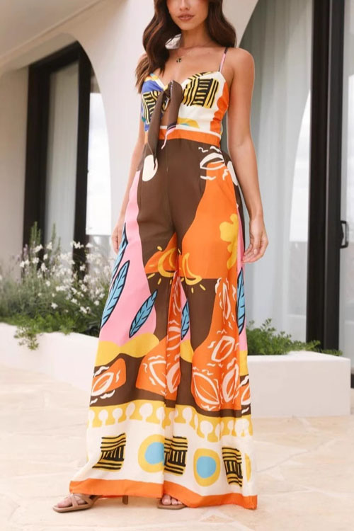 Nonnadress Printed Tie-Back V-Neck Cinched Waist Camisole Jumpsuit