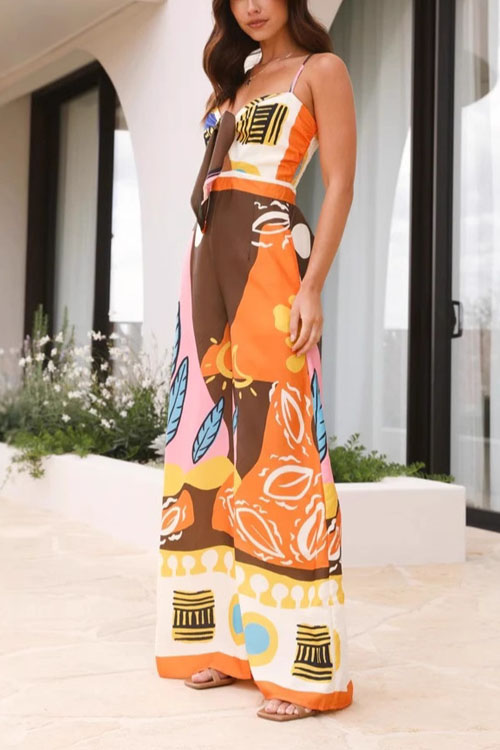 Nonnadress Printed Tie-Back V-Neck Cinched Waist Camisole Jumpsuit